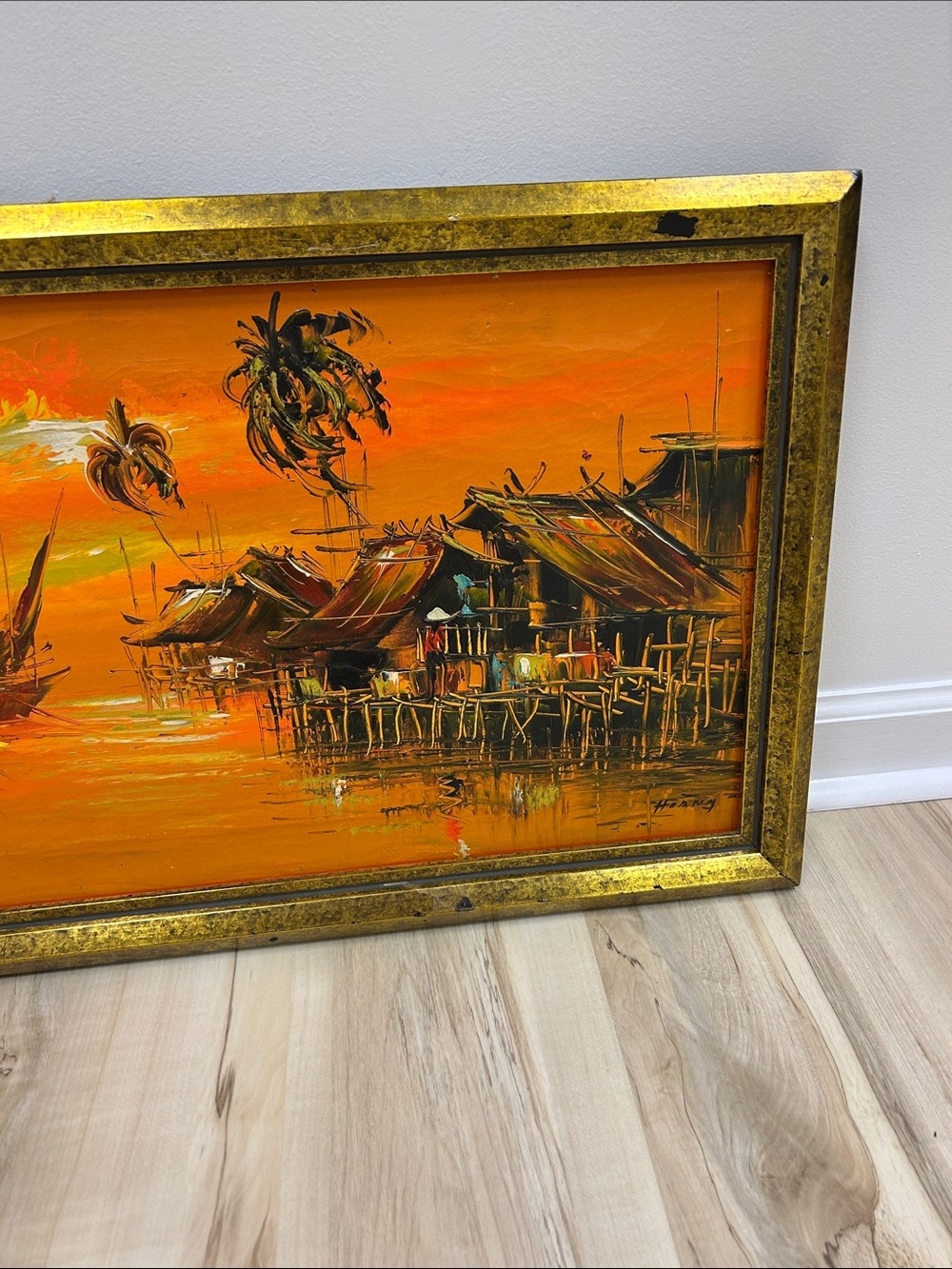 Original mid-century Orange Tropical Harbor Oil-Style Wall Art by Heang image 3
